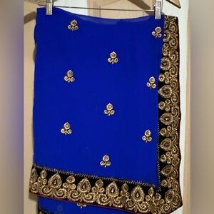 Designer, blue, black and gray saree.